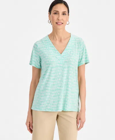 Jm Collection Women's Printed Short Sleeve V-neck Jacquard Top, Macy's Exclusive In Blue