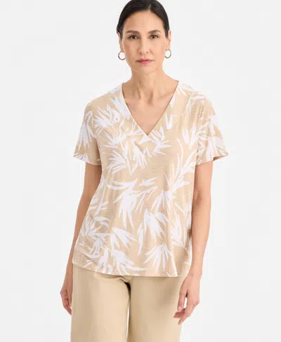 Jm Collection Women's Printed Short Sleeve V-neck Jacquard Top, Macy's Exclusive In Brown