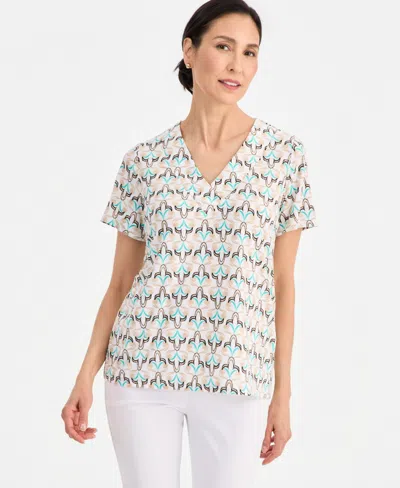 Jm Collection Women's Printed Short Sleeve V-neck Jacquard Top, Macy's Exclusive In Multi