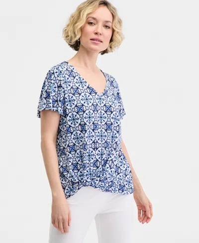 Jm Collection Womens Printed Short Sleeve V Neck Twist Front Top Macys Exclusive In Blue