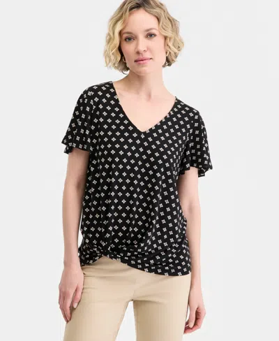 Jm Collection Womens Printed Short Sleeve V Neck Twist Front Top Macys Exclusive In Black