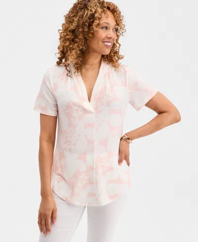 Jm Collection Women's Printed Short-sleeve V-neck Knit Top, Macy's Exclusive In Pink