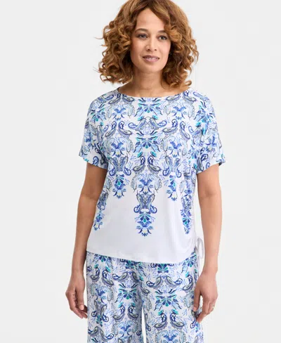 Jm Collection Women's Printed Side Ruched Boat-neck Top, Macy's Exclusive In White