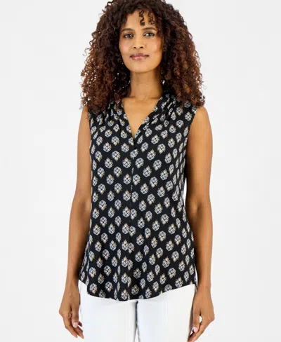Jm Collection Women's Printed Sleeveless V-neck Knit Top, Macy's Exclusive In Black