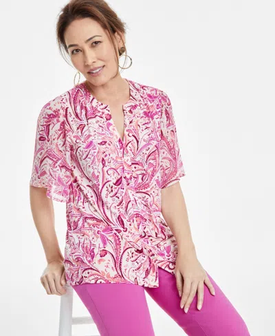 Jm Collection Women's Printed Split-neck Blouse, Exclusively At Macy's In Apricot Cloud