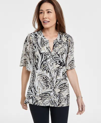 Jm Collection Women's Printed Split-neck Blouse, Exclusively At Macy's In Deep Black