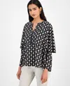 Jm Collection Plus Size Printed V-neck Long-sleeve Top In Black