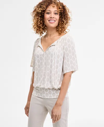 Jm Collection Women's Printed Split-neck Elbow-sleeve Top, Exclusively At Macy's In Gray
