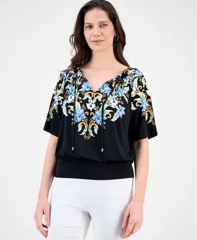 Jm Collection Women's Printed Split-neck Elbow-sleeve Top, Exclusively At Macy's In Black