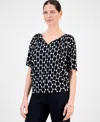 Jm Collection Women's Printed Split-neck Elbow-sleeve Top, Exclusively At Macy's In Black