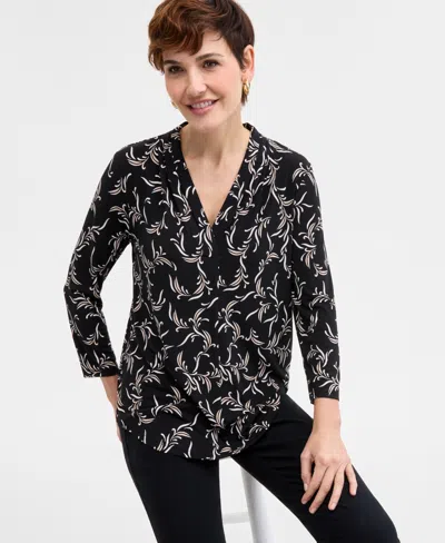 Jm Collection Women's Printed 3/4 Sleeve V-neck Knit Top, Exclusively At Macy's In Black