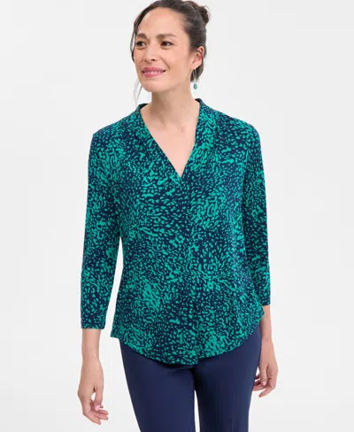 Jm Collection Women's Printed 3/4 Sleeve V-neck Knit Top, Created For Macy's In Blue Cheetah Combo