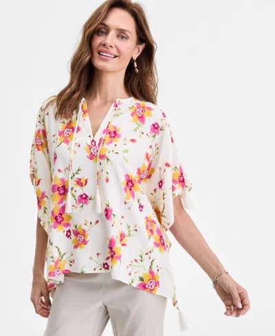 Jm Collection Women's Printed Tassel-trim Poncho Top, Exclusively At Macy's In Pink