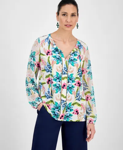 Jm Collection Women's Printed Tie-neck Long-sleeve Blouse, Exclusively At Macy's