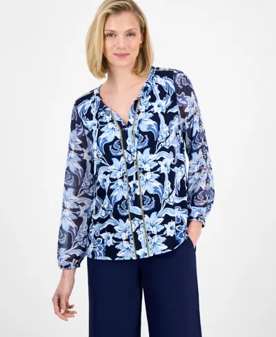 Jm Collection Women's Printed Tie-neck Long-sleeve Blouse, Exclusively At Macy's