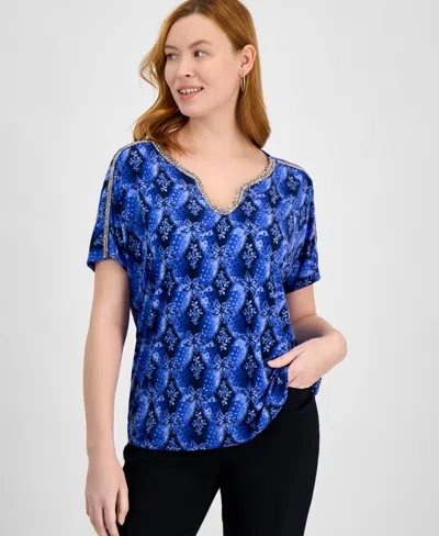 Jm Collection Women's Printed Top, Exclusively At Macy's In Intrepid Blue