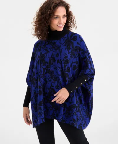 Jm Collection Women's Printed Turtleneck Poncho Sweater, Macy's Exclusive In Blue