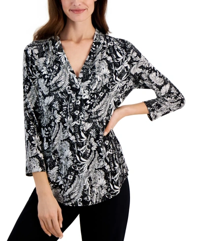 Jm Collection Women's Printed 3/4 Sleeve V-neck Knit Top, Exclusively At Macy's In Black Feather Floral Combo