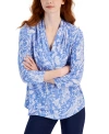 JM COLLECTION WOMEN'S PRINTED V-NECK 3/4-SLEEVE KNIT TOP, CREATED FOR MACY'S