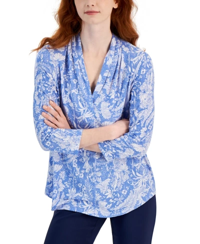 Jm Collection Women's Printed V-neck 3/4-sleeve Knit Top, Created For Macy's In Watery Blue Combo