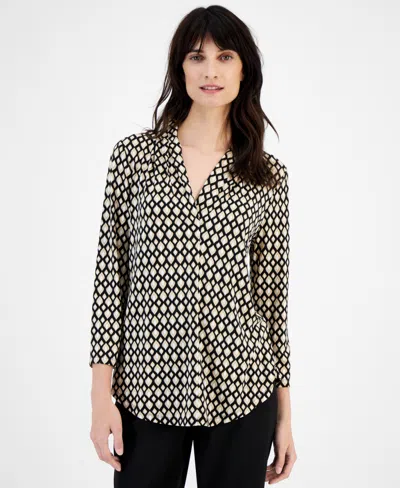 Jm Collection Women's Printed V-neck 3/4-sleeve Top, Created For Macy's In Deep Black Combo