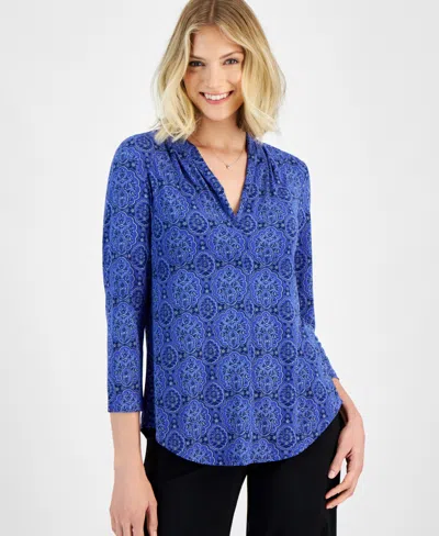 Jm Collection Women's Printed V-neck 3/4-sleeve Top, Created For Macy's In Demure Blue Cb