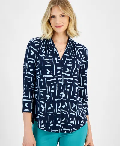 Jm Collection Women's Printed V-neck 3/4 Sleeve Top, Created For Macy's In Intrepd Blue Cb
