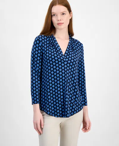 Jm Collection Women's Printed V-neck 3/4-sleeve Top, Exclusively At Macy's In Blue