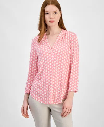 Jm Collection Women's Printed V-neck 3/4-sleeve Top, Exclusively At Macy's In Pink