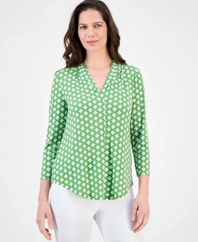 Jm Collection Women's Printed V-neck 3/4-sleeve Top, Exclusively At Macy's In Green