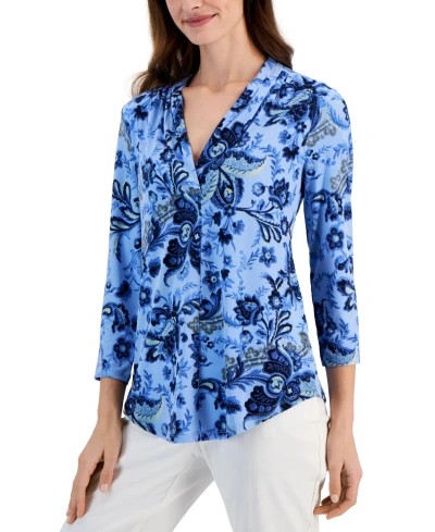 Jm Collection Women's Printed V-neck Knit Top, Created For Macy's In Bright Blue Combo