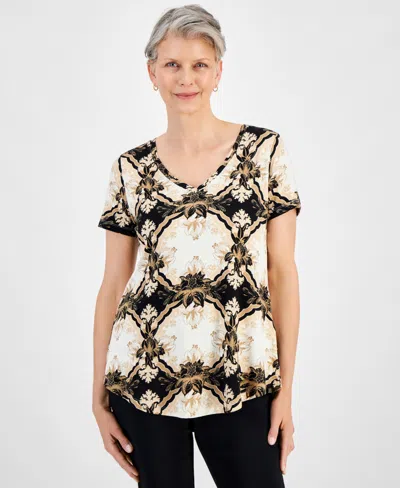 Jm Collection Women's Printed V-neck Short-sleeve Knit Top, Created For Macy's In Deep Black Combo