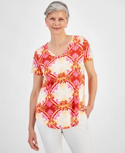 Jm Collection Women's Printed V-neck Short-sleeve Knit Top, Created For Macy's In Pumpkin Seed Combo