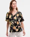 Jm Collection Women's Printed V-neck Short Sleeve Knit Top, Exclusively At Macy's In Black