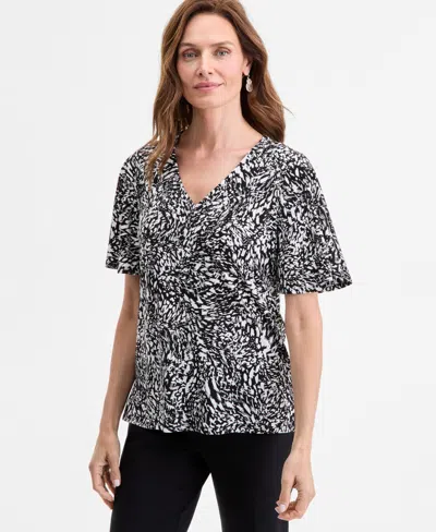 Jm Collection Women's Printed V-neck Short Sleeve Knit Top, Exclusively At Macy's In Black