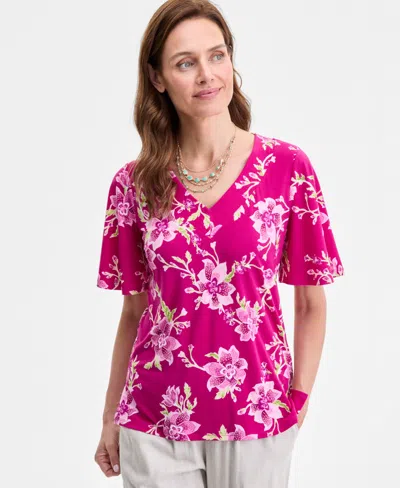 Jm Collection Women's Printed V-neck Short Sleeve Knit Top, Exclusively At Macy's In Pink