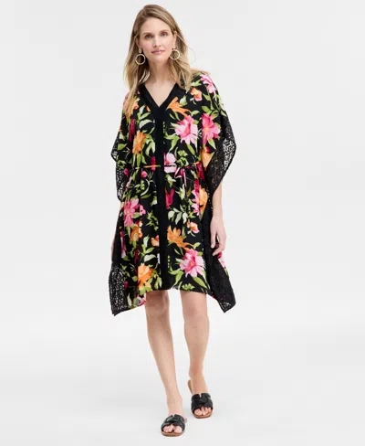 Jm Collection Women's Printed V-neck Tie-waist Kaftan Dress, Exclusively At Macy's In Deep Black