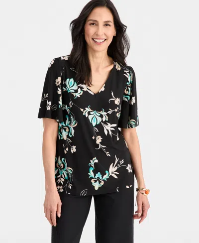 Jm Collection Women's Printed V-neck Flutter-sleeve Top, Macy's Exclusive In Black