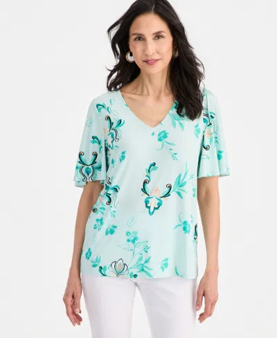 Jm Collection Women's Printed V-neck Flutter-sleeve Top, Macy's Exclusive In Green