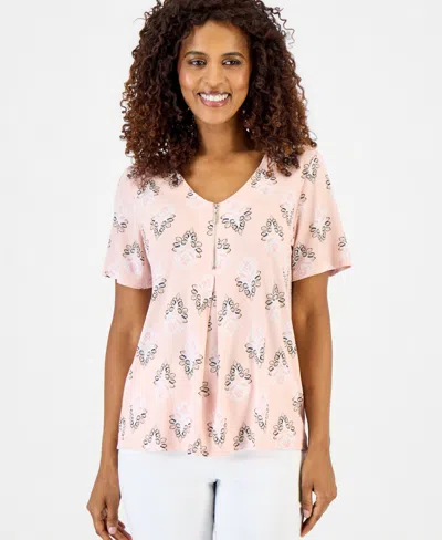 Jm Collection Women's Printed V-neck Front-zip Pleated Top, Macy's Exclusive In Multi