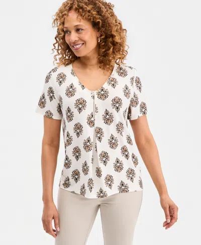 Jm Collection Women's Printed V-neck Front-zip Pleated Top, Macy's Exclusive In Multi
