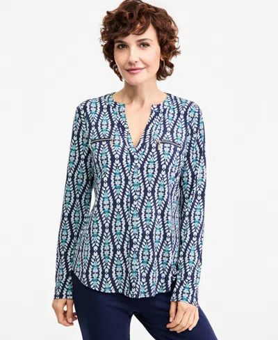 Jm Collection Women's Printed V-neck Zipper-pocket Knit, Macy's Exclusive In Intrepid Blue