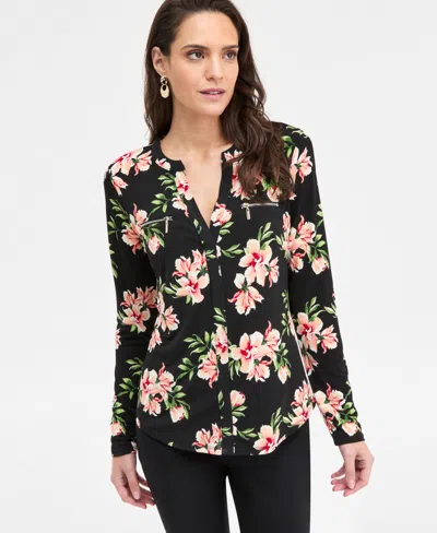 Jm Collection Women's Printed Zip Pocket Top, Macy's Exclusive In Black