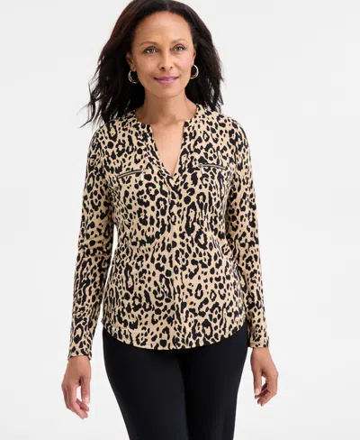 Jm Collection Women's Printed Zip Pocket Top, Macy's Exclusive In Brown