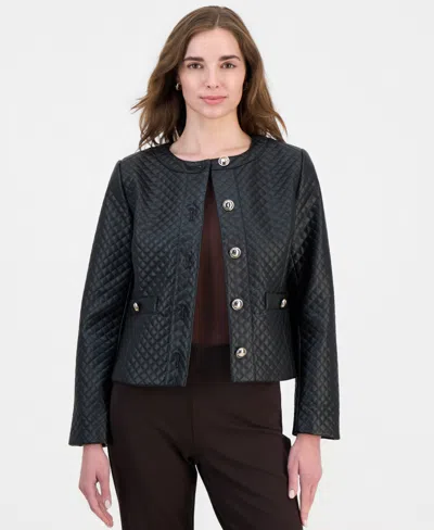 Jm Collection Women's Quilted Faux-leather Button-front Jacket, Macy's Exclusive In Deep Black
