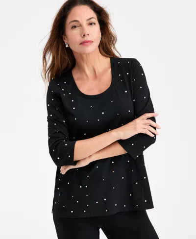 Jm Collection Women's Rhinestone Embellished Cotton 3/4-sleeve Top, Macy's Exclusive In Black