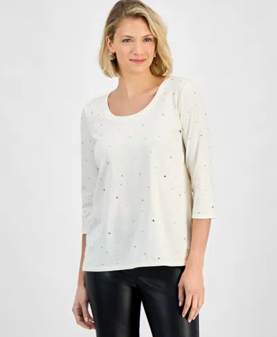 Jm Collection Women's Rhinestone Embellished Cotton 3/4-sleeve Top, Macy's Exclusive In White