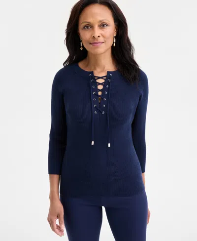 Jm Collection Women's Ribbed Lace-up Sweater, Macy's Exclusive In Blue