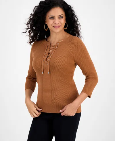 Jm Collection Women's Ribbed Lace-up Sweater, Macy's Exclusive In Multi