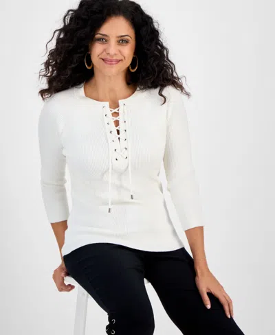 Jm Collection Women's Ribbed Lace-up Sweater, Macy's Exclusive In White